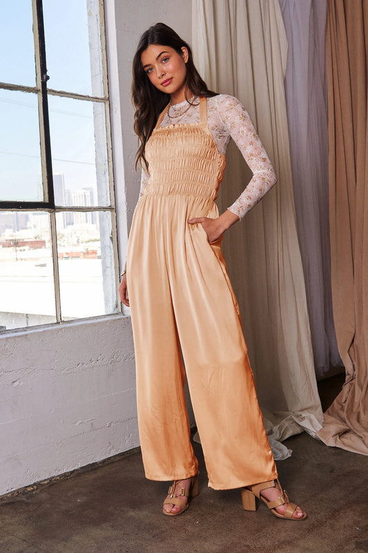 Halterneck Tie Closure Smocked Bodice Jumpsuit