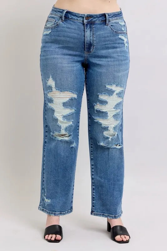 Full Size High Waist Heavy Destroy Straight Jeans Plus Size