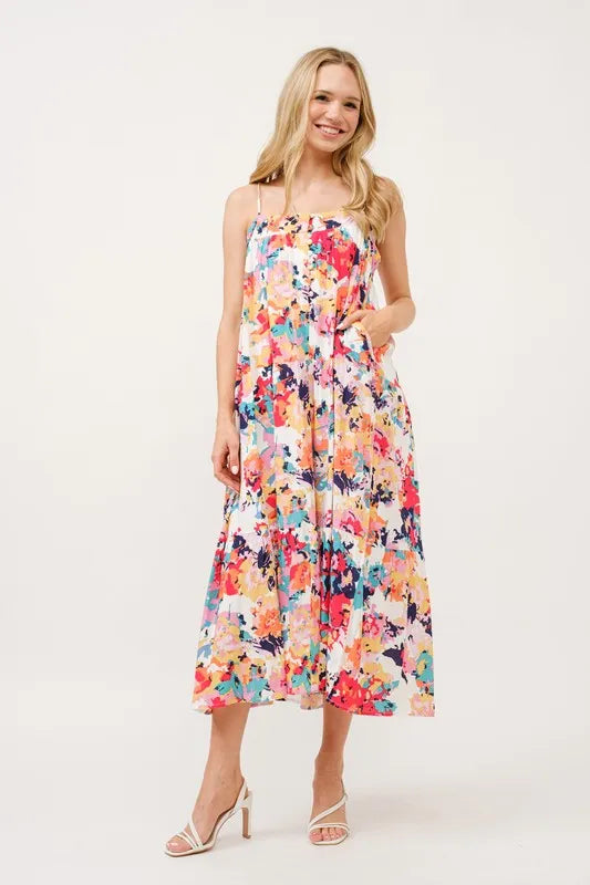 Tiered Floral Midi Cami Dress with Pockets