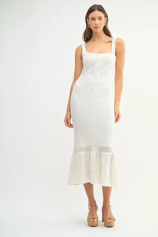 Ruffled Hem Sleeveless Crochet Knit Midi Dress