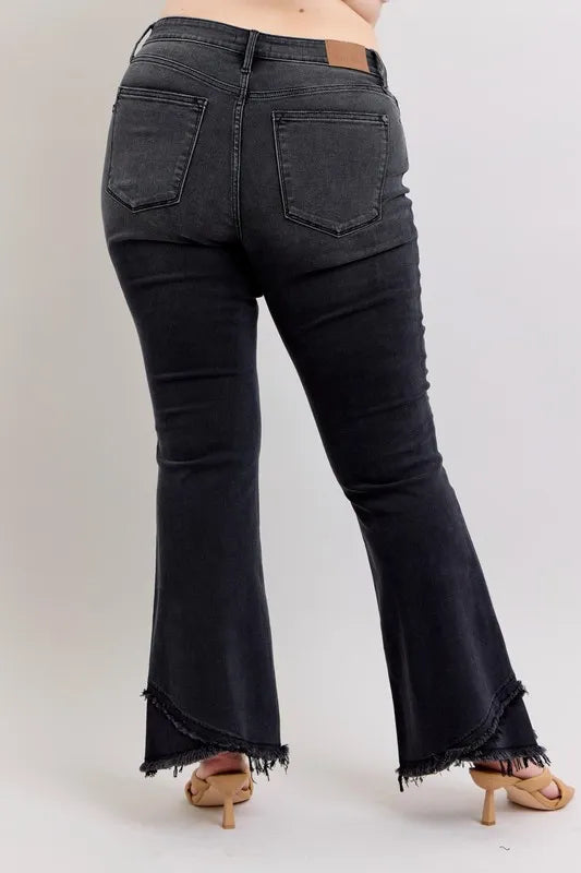 Full Size High Waist Flare W/ Mock Fray Tulip Hem Plus Size