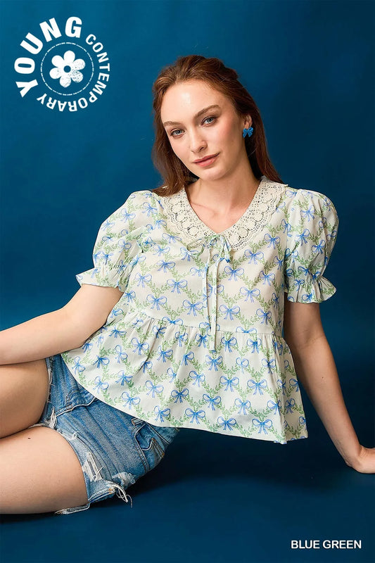 Bow Pattern Lace Trim Ruffle Sleeve Top
