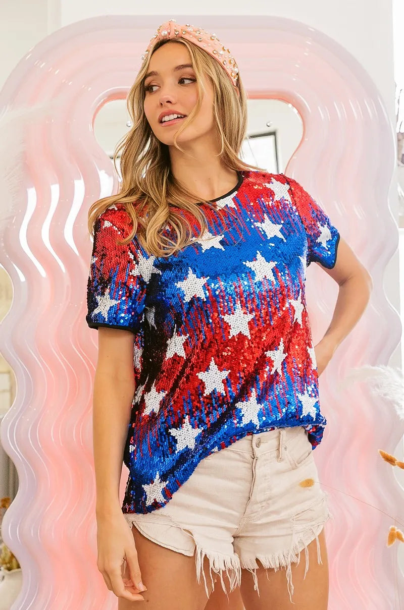 American Theme Star Pattern Sequin Top