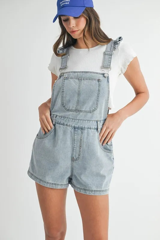 Square Neck Ruffle Shoulder Denim Overall Romper