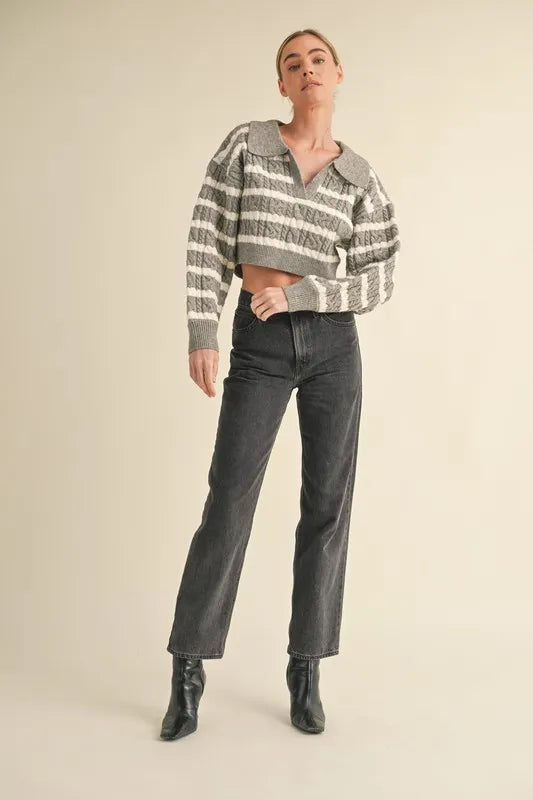 Pale Collared Striped Cropped Cable Knit Sweater