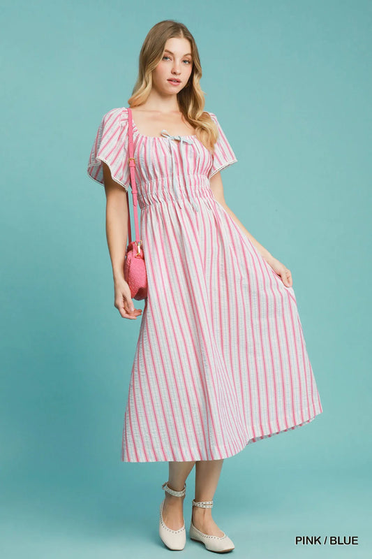 Striped Smocked Midi Dress with Short Sleeves