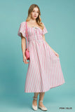 Striped Smocked Midi Dress with Short Sleeves
