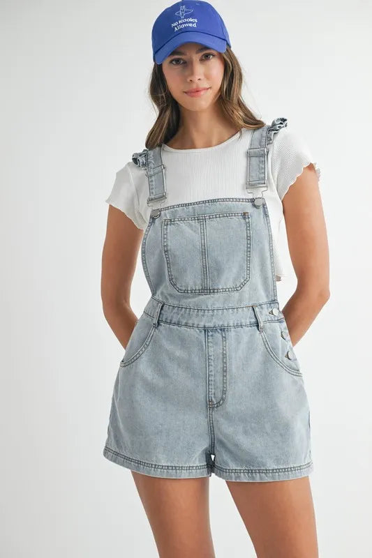 Square Neck Ruffle Shoulder Denim Overall Romper