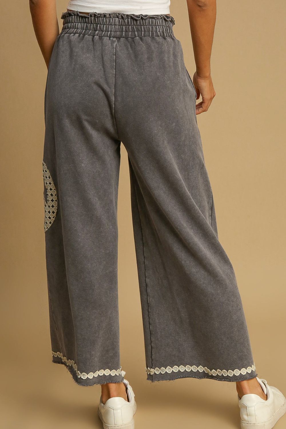 Full Size Peace Lace Applique Mineral Wash Wide Leg Pants Plus Size