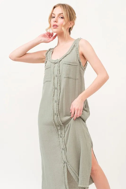 Washed Gauzed Patch Pocket Tank Midi Dress