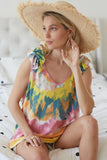 Circular Tie Dye Knit V Neck Top With Ruffle