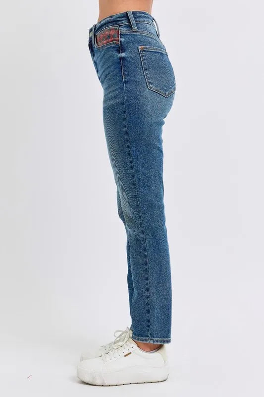 Full Size HW Plaid Patch Slim Fit Jeans Plus Size