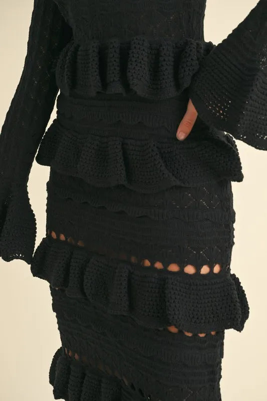 Long Sleeve Tiered Ruffle Knit Midi Dress