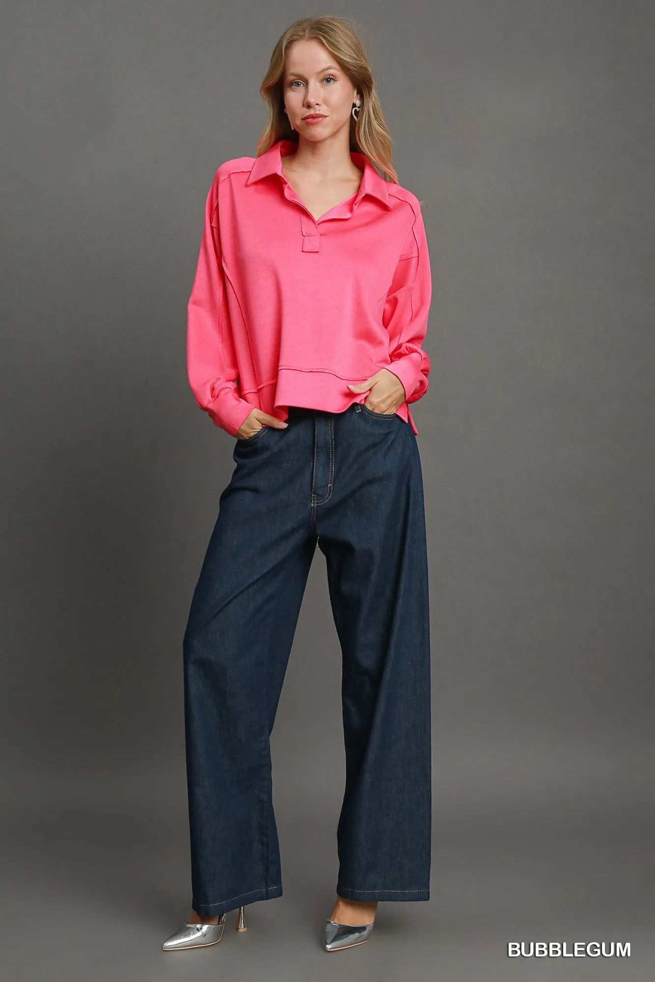 Seam Detail Long Sleeve Polo Shirt with Side Slit