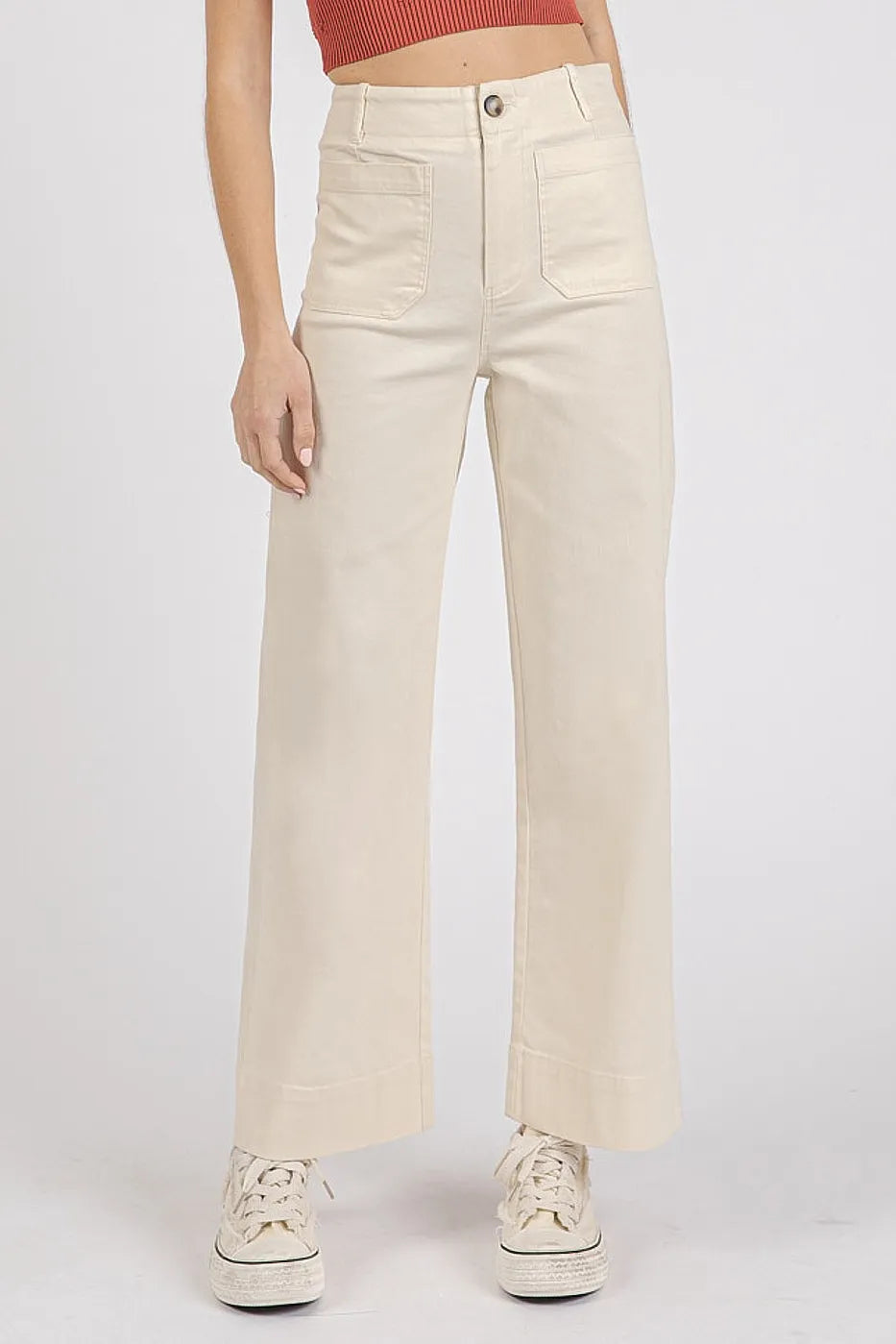 Twill Patch Pocket High Rise Wide Leg Pants