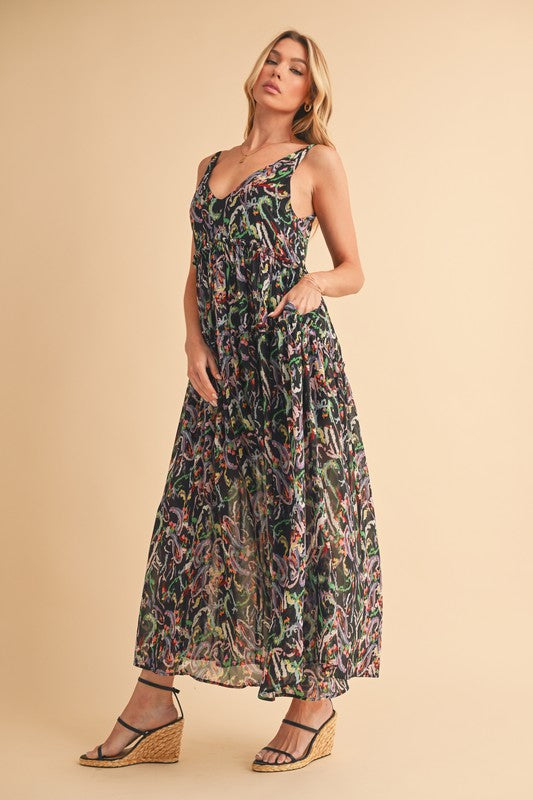 Printed V-Neck Frill Tiered Cami Dress