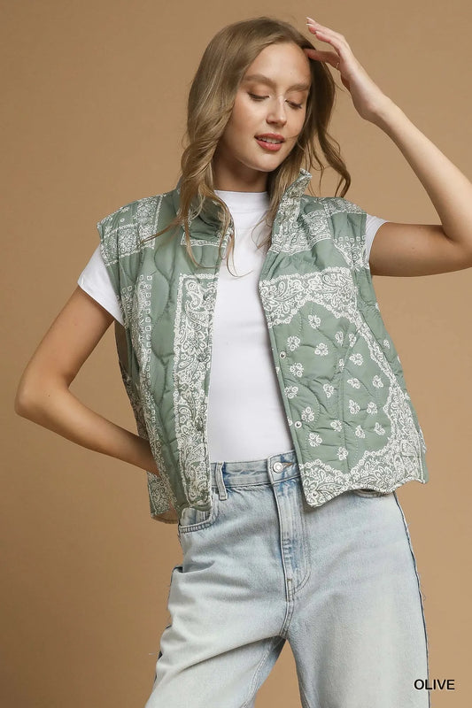 Quilted Bandana-Pattern Puffer Vest