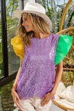 Mardi Gras Color Block Organza Sleeve Sequin Top