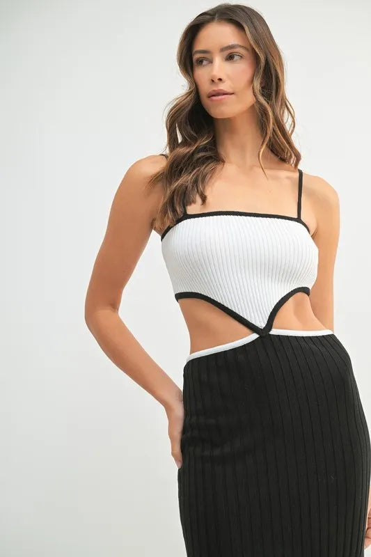 Ribbed Knit Color Block Cutout Midi Dress