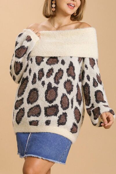 Full Size Leopard Off-Shoulder Long Sleeve Sweater Plus Size