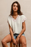 Knit Solid Contrast Stitch Detail Short Sleeves Sweater