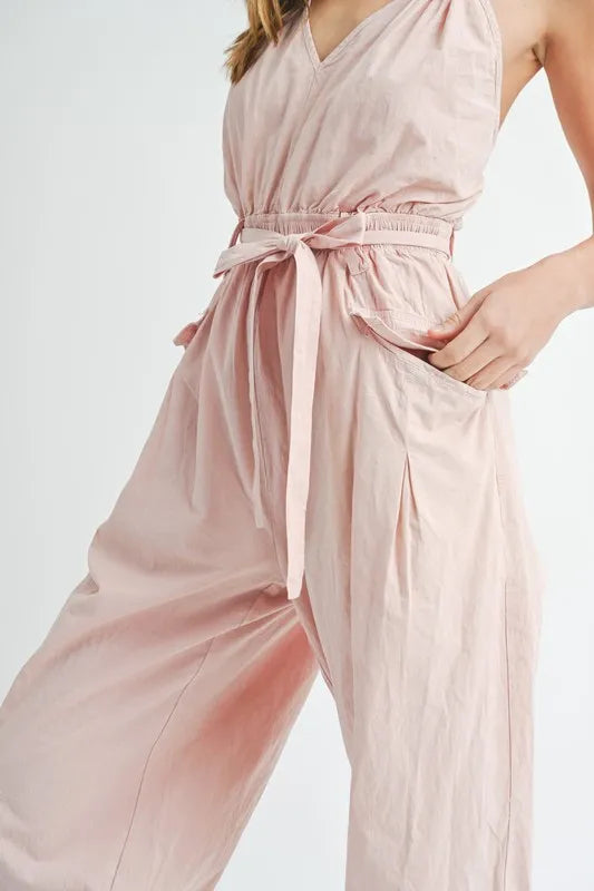 Washed Fabric Spaghetti Strap Waist Belted Jumpsuit