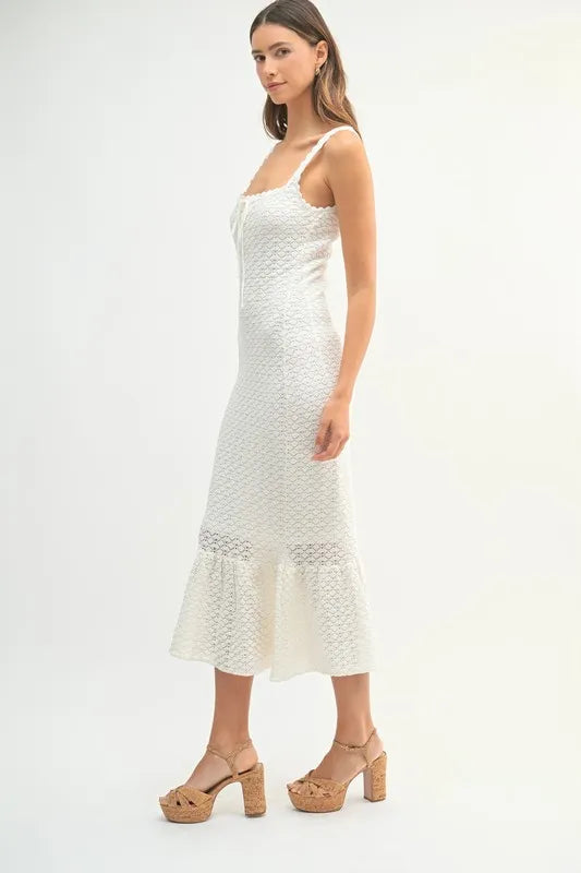 Ruffled Hem Sleeveless Crochet Knit Midi Dress