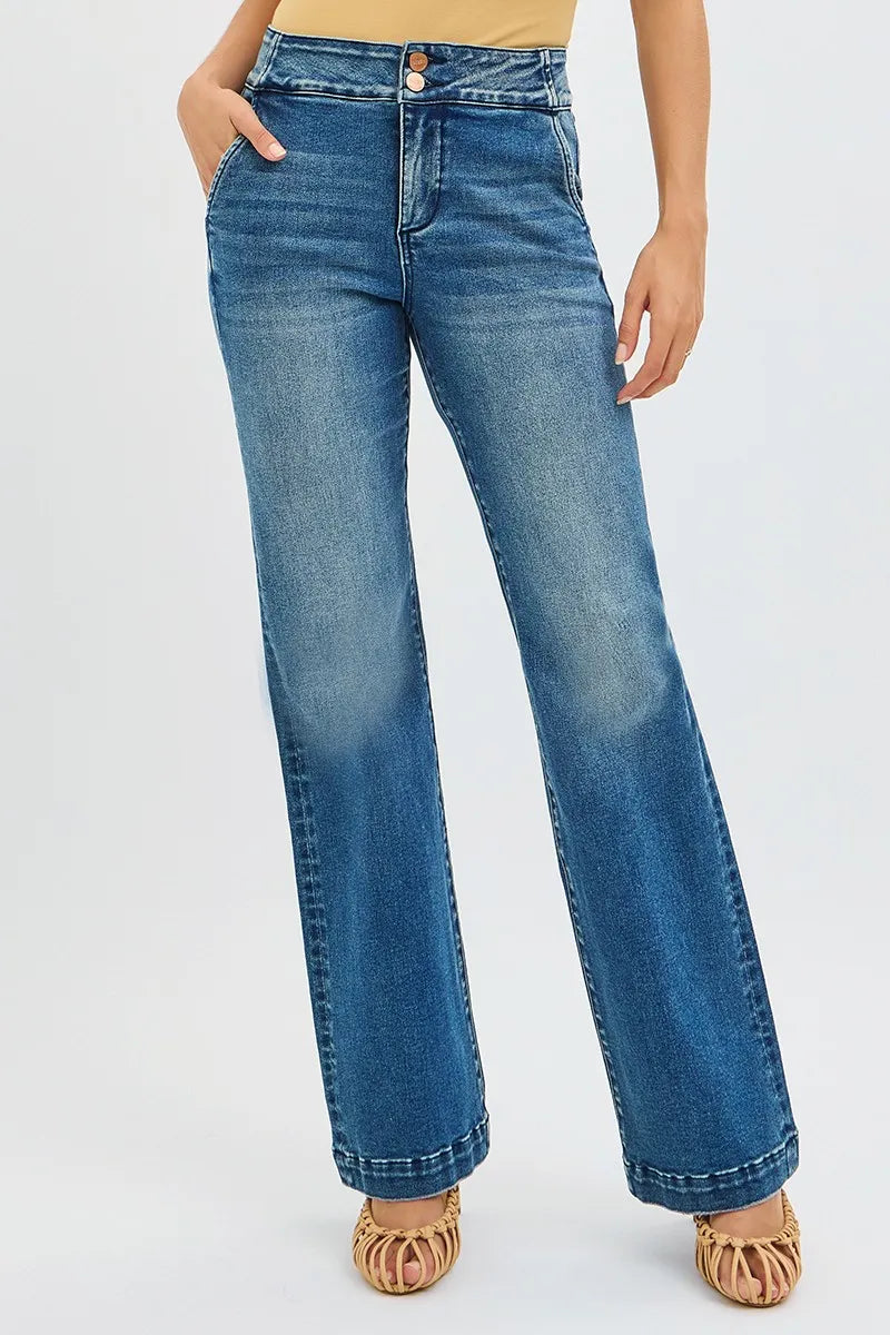 Full Size High Waist Bootcut Double Button Tummy Control Jeans