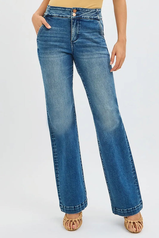 Full Size High Waist Bootcut Double Button Tummy Control Jeans