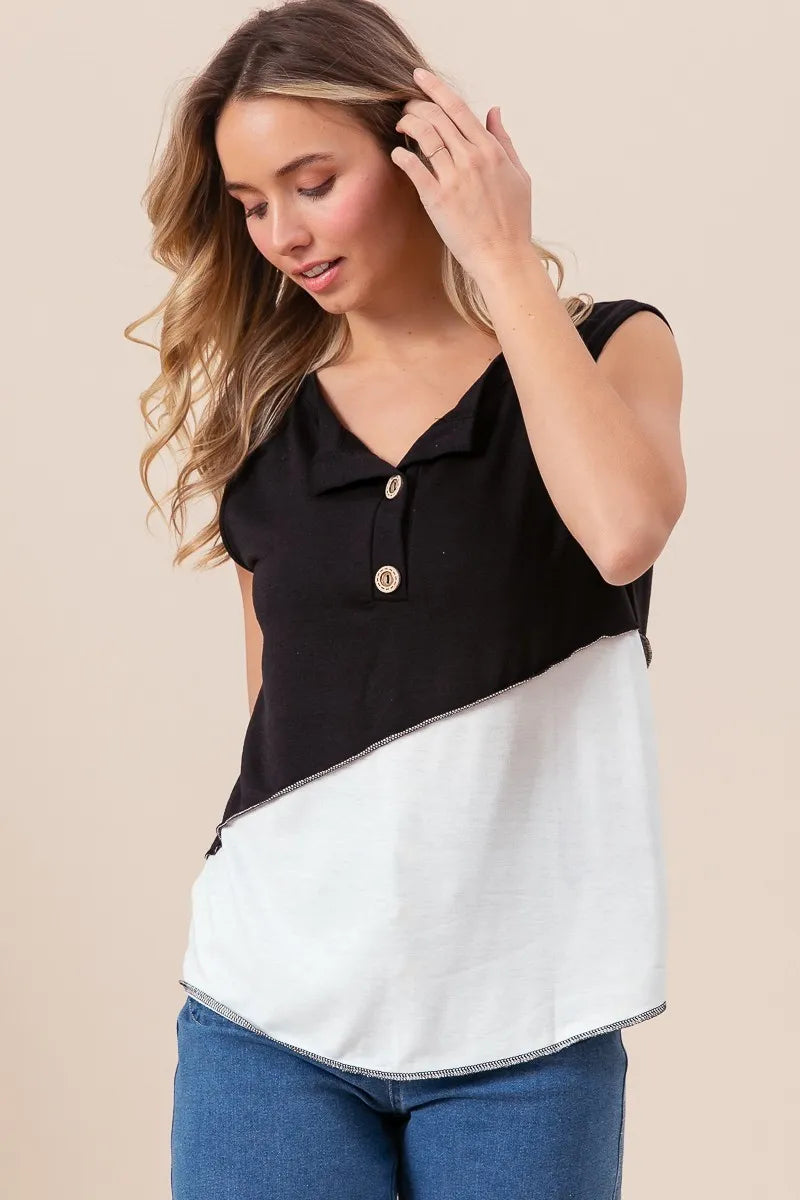 Color Block Contrast Stitching Buttoned Henley Top