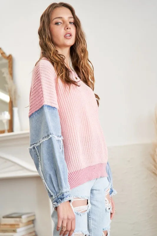 Plus Size Frayed Denim Sleeve Sweater Top