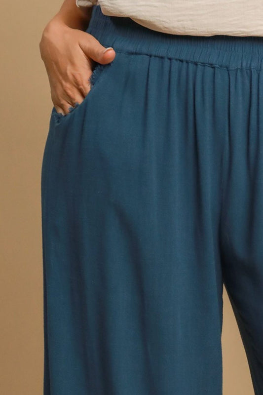 Full Size Linen Blend Elastic Waistband Wide Leg Pants Plus Size
