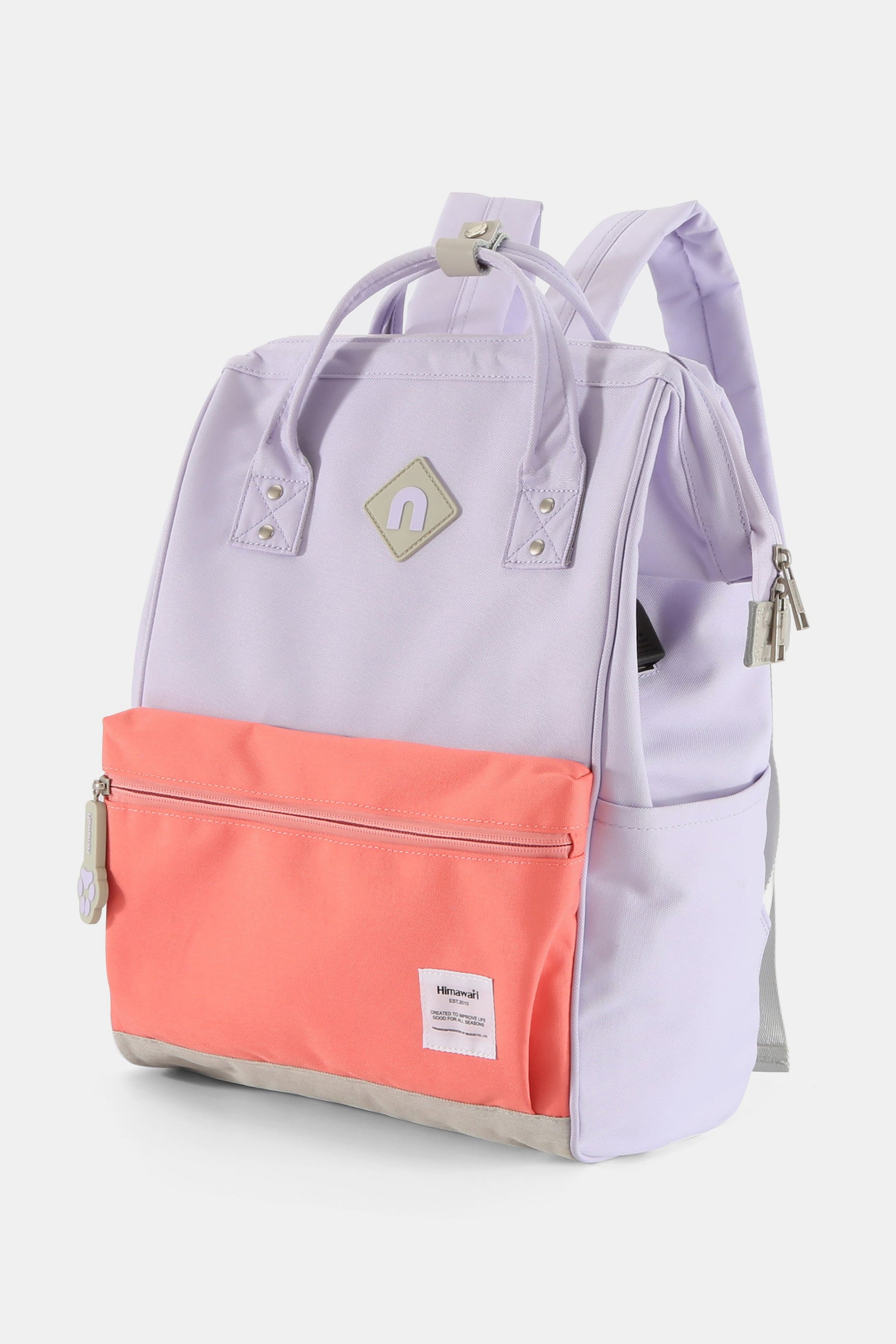 Contrast Waterproof Backpack Bag with External USB Port - Lavender/Coral