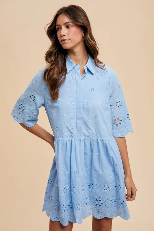 Embroidered Scallop Edge Detail Mini Shirt Dress
