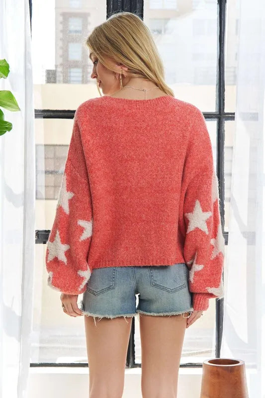 Full Size Star Contrast Round Neck Sweater