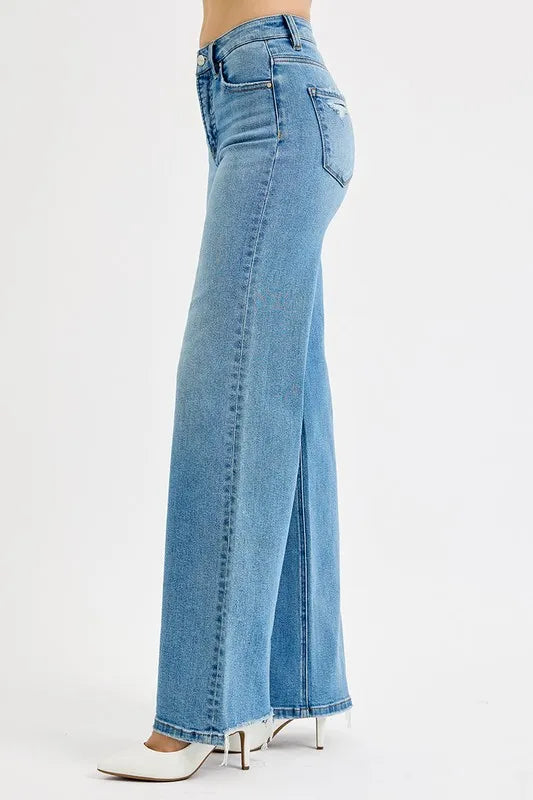 High-Waisted Flare Denim with Knee Rips