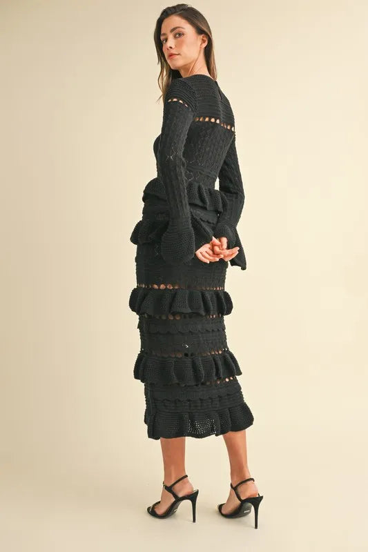 Long Sleeve Tiered Ruffle Knit Midi Dress