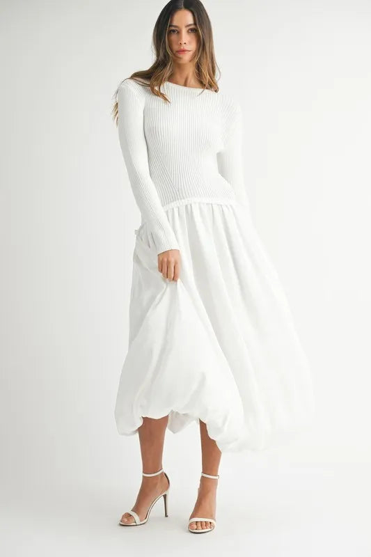 Ribbed Poplin Mix Midi Sweater Dress