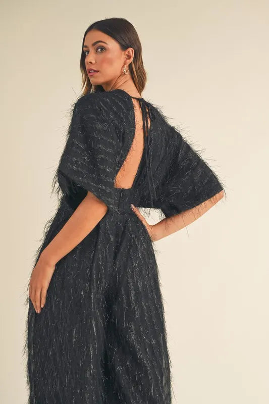 Fluffy Deep V Neck Wide Leg Jumpsuit