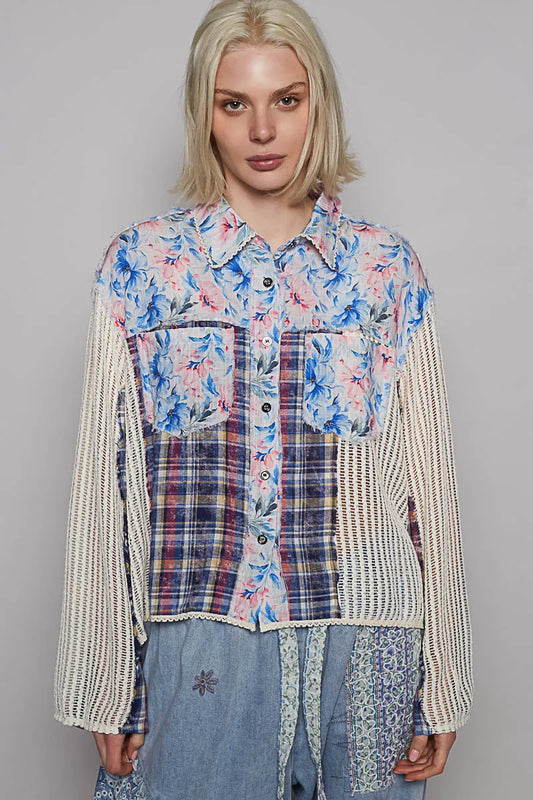 Patchwork Floral Button-Up Blouse with Knit Overlay