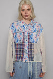 Patchwork Floral Button-Up Blouse with Knit Overlay