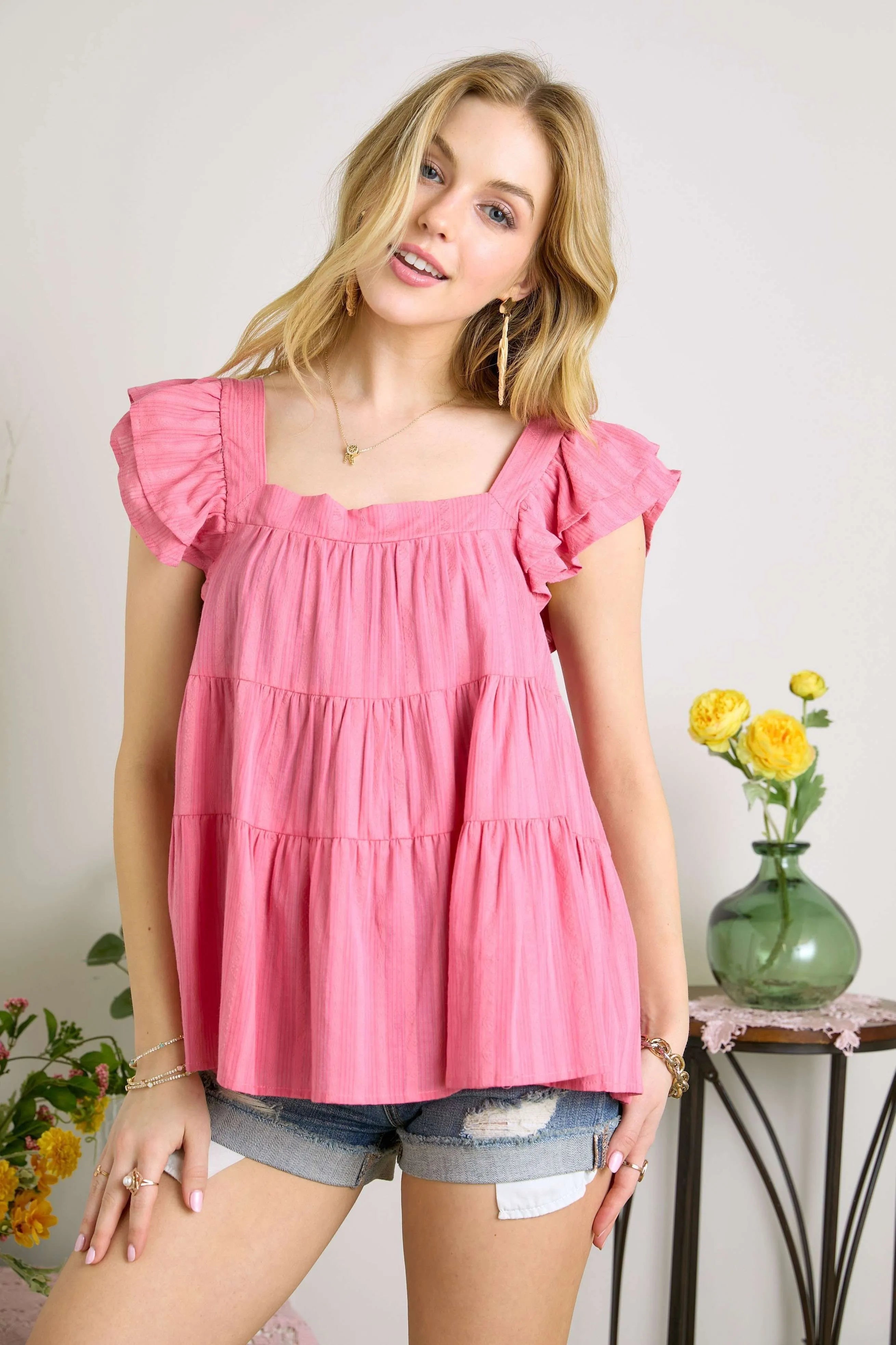 Ruffle Sleeve Babydoll Tunic Top