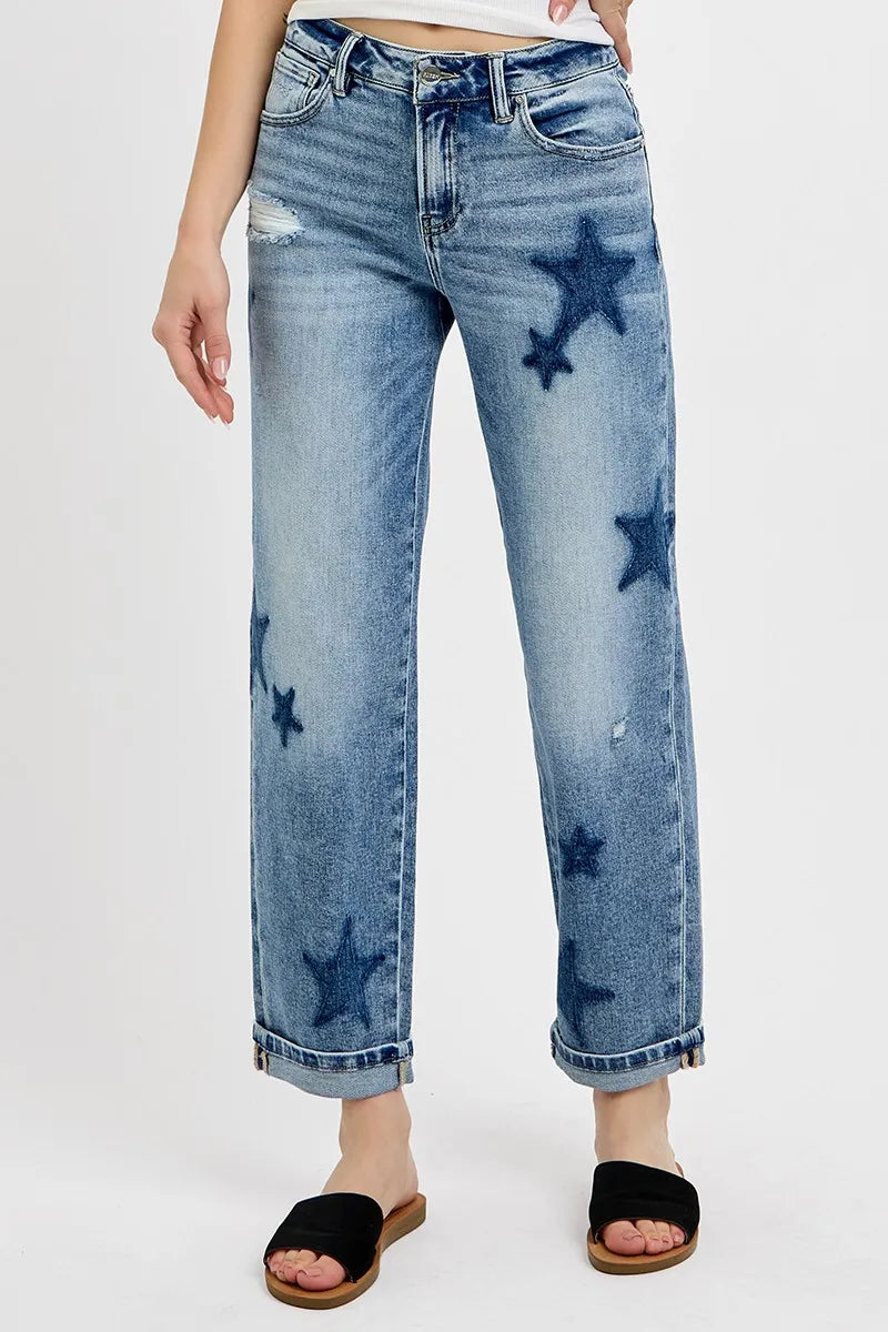 Mid-Rise Boyfriend Jeans with Star Shadow Cuffs