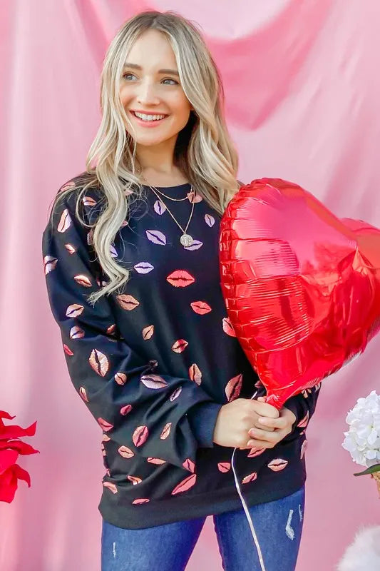 Kiss Pink Foil Allover Print Pullover Sweatshirts