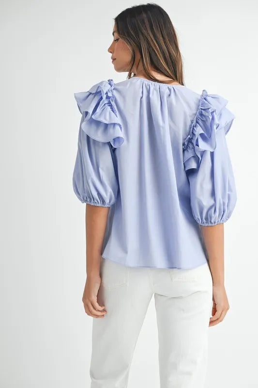 Stripe Ruffle Shoulder Puff Sleeve Blouse
