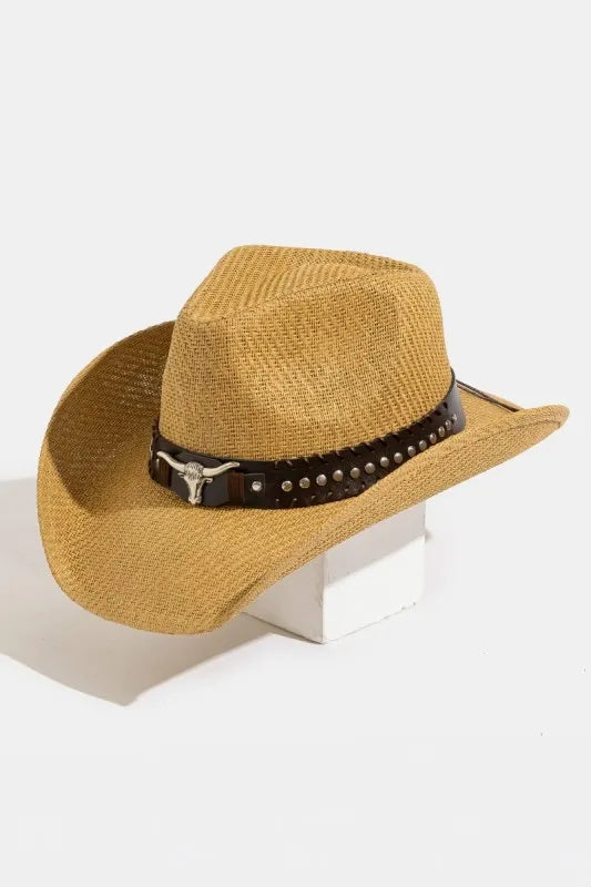 Bull Head Strap Studded Straw Cowboy Hat
