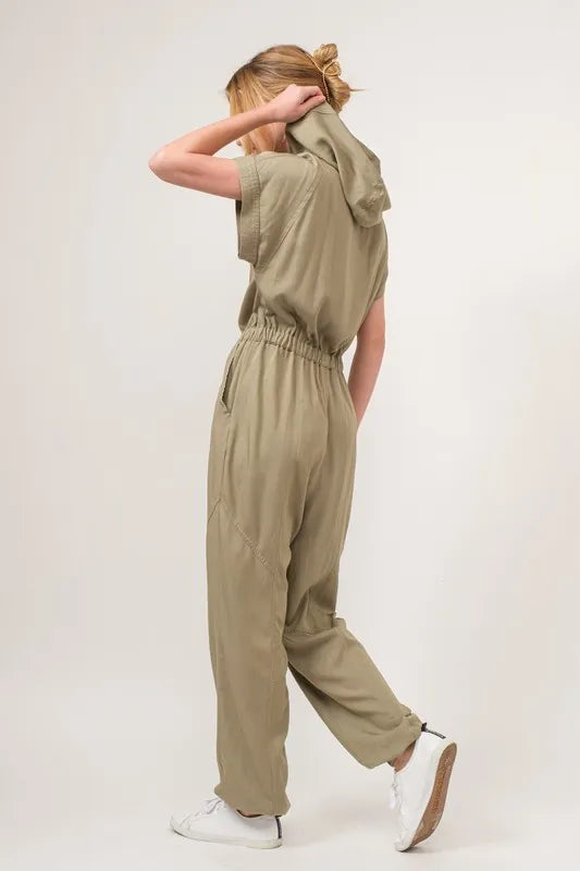 Washed Short Sleeve Hooded Jumpsuit