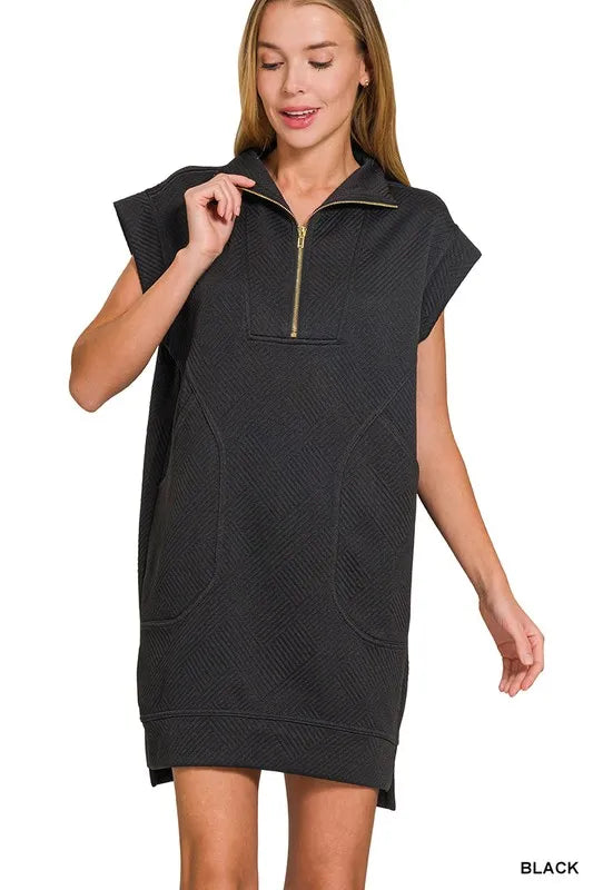 Textured Knit Jacquard Quarter Zipper Mini Dress
