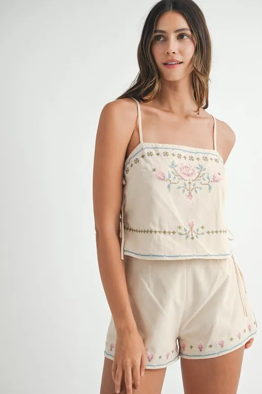 Embroidered Crop Top and Shorts Set
