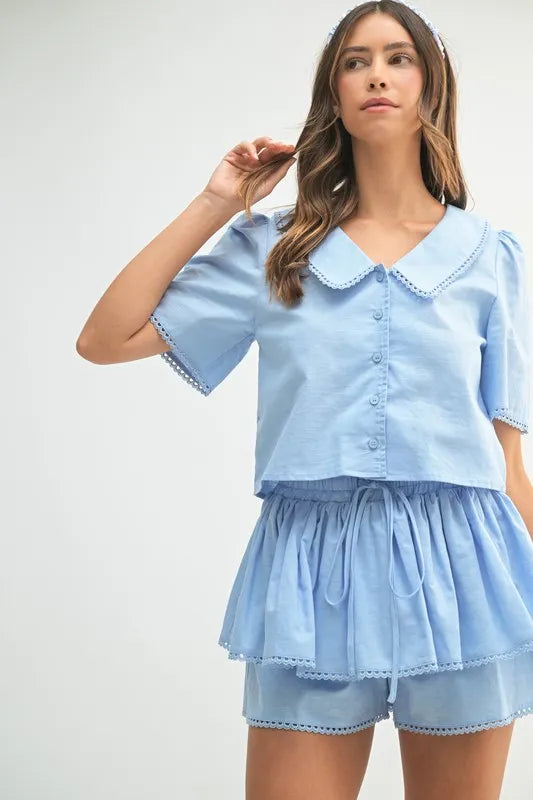 Collared Button Down Crop Top and Skort Set